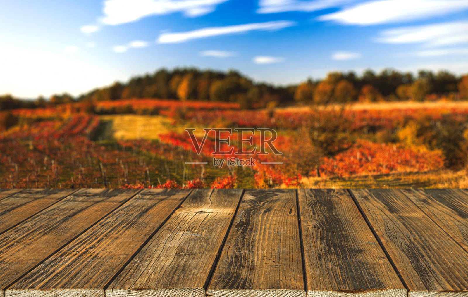 空荡荡的木桌和模糊的秋日葡萄园背景。自然模板与美丽的散景和温暖的阳光。产品展示的概念横幅照片摄影图片