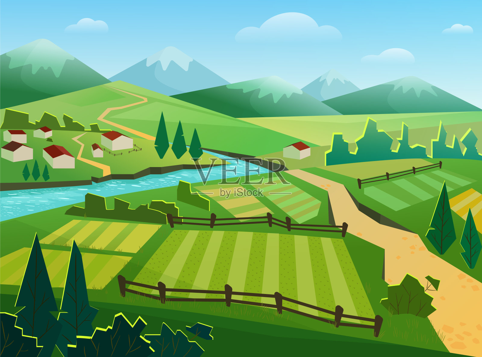 绿色的田野和山脉平面矢量插图插画图片素材