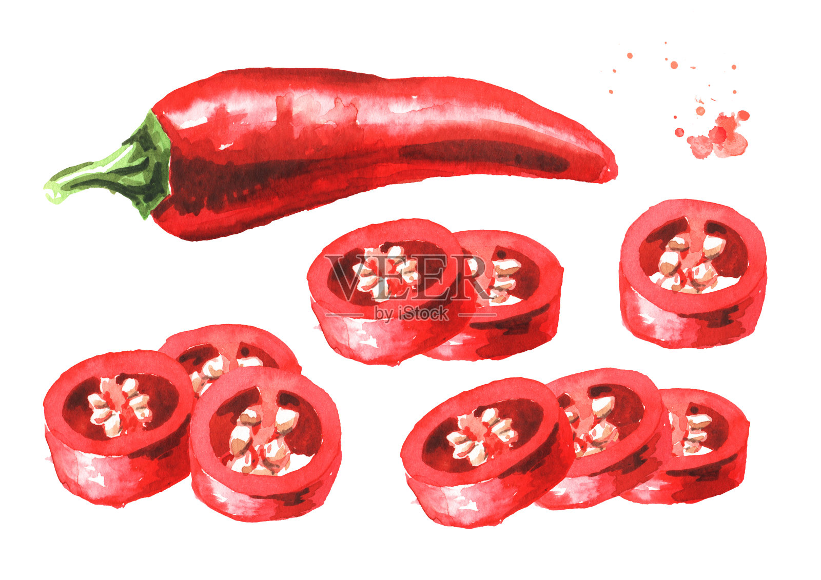 红辣椒切块套。手绘水彩插图孤立的白色背景插画图片素材