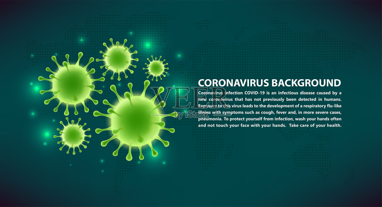 艺术。深绿色背景上的载体病毒横幅。新型冠状病毒肺炎人体健康，细菌，微生物，病毒细胞。插画图片素材