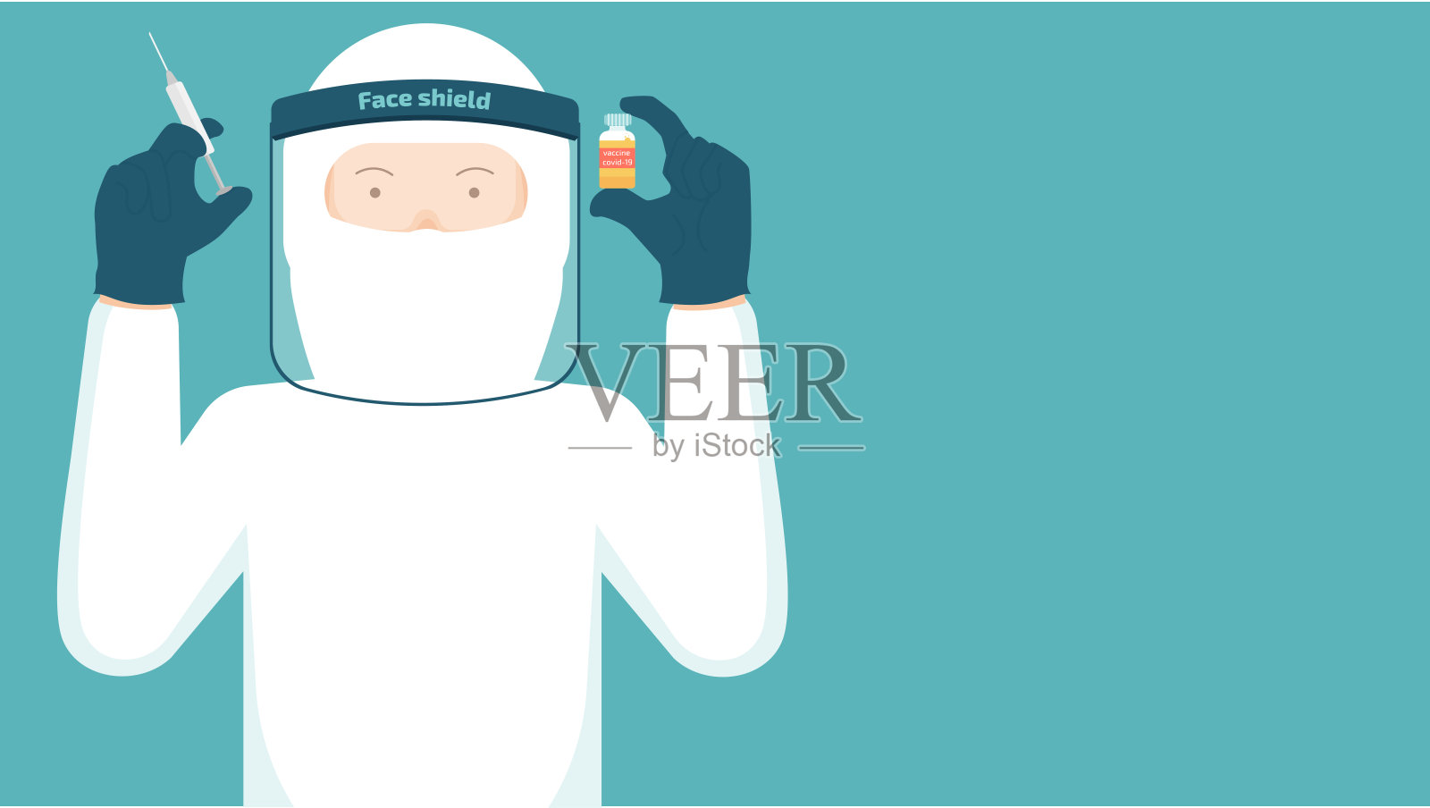 人们穿着白色防护服，手里拿着注射器和疫苗瓶，面罩。插画图片素材