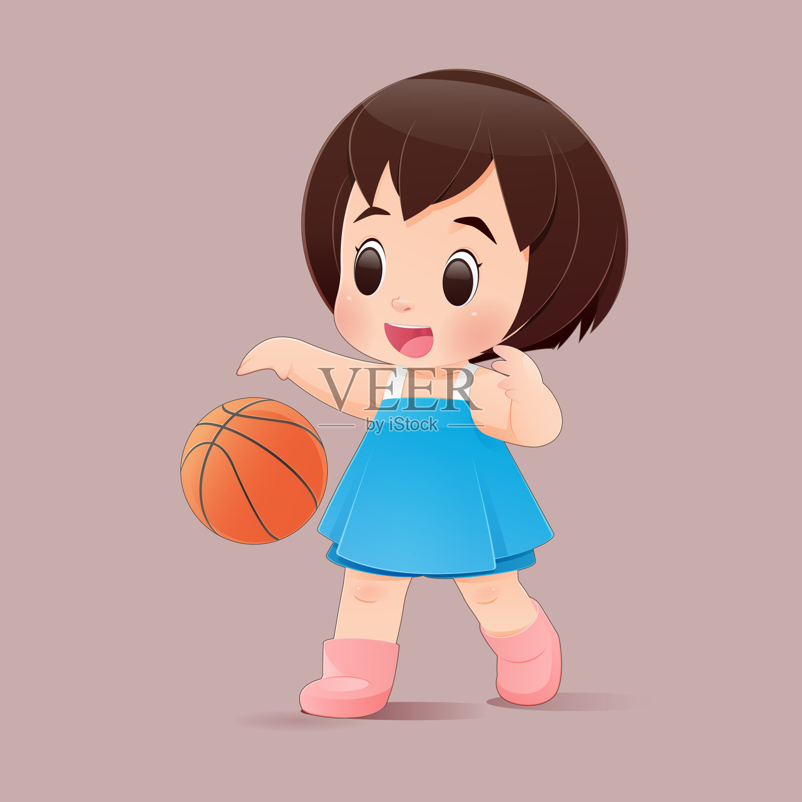 一个穿着蓝色裙子的女孩在打篮球插画图片素材