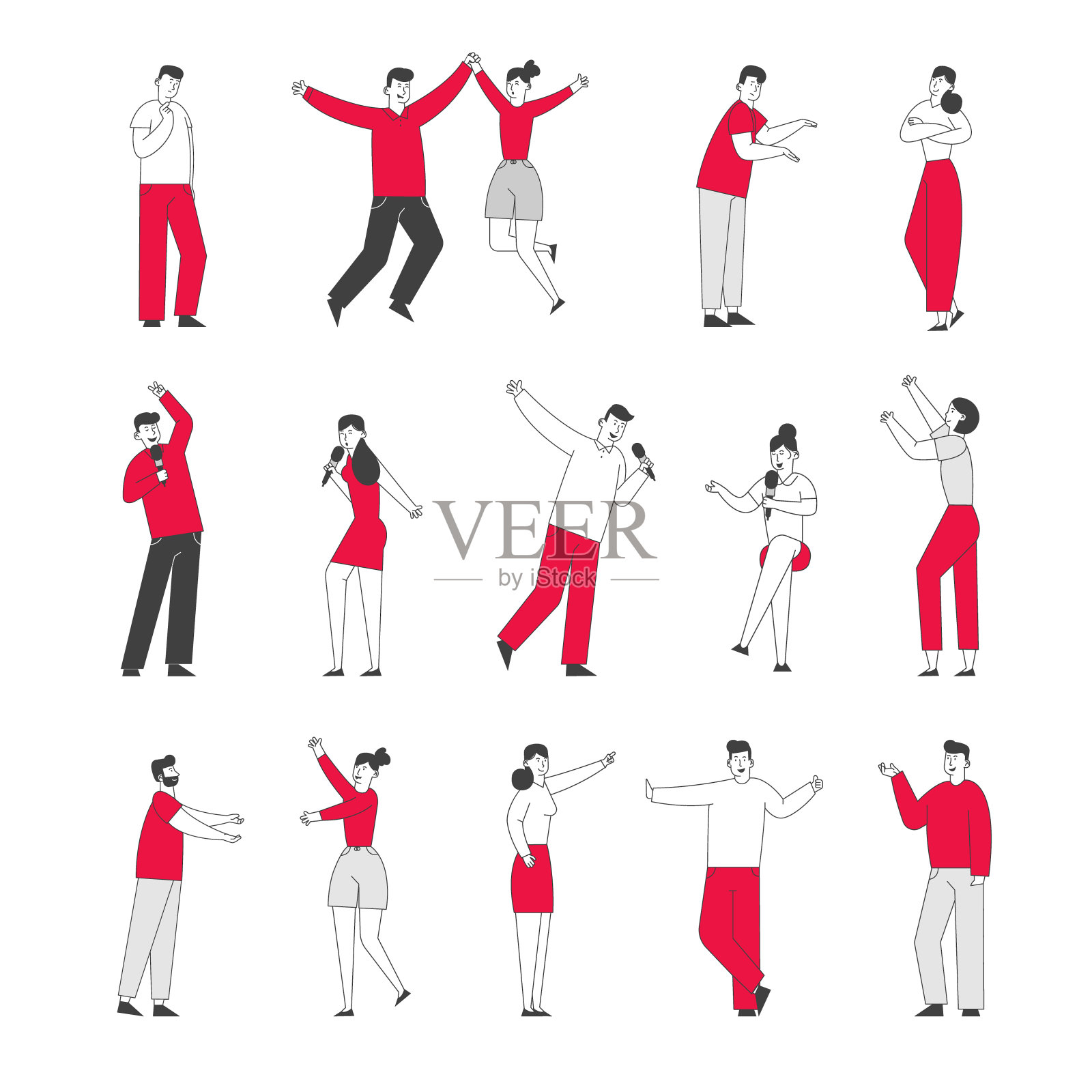 男性和女性角色在不同的姿态跳跃和高兴的手举起，与麦克风唱歌，跳舞和有乐趣孤立在白色背景。线性人物矢量图插画图片素材