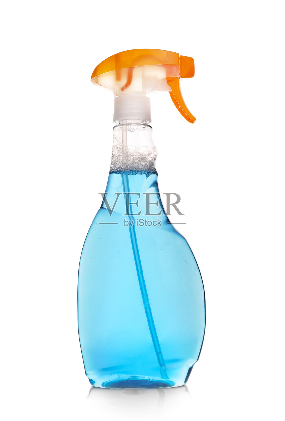 蓝色玻璃清洁剂装在塑料瓶里照片摄影图片