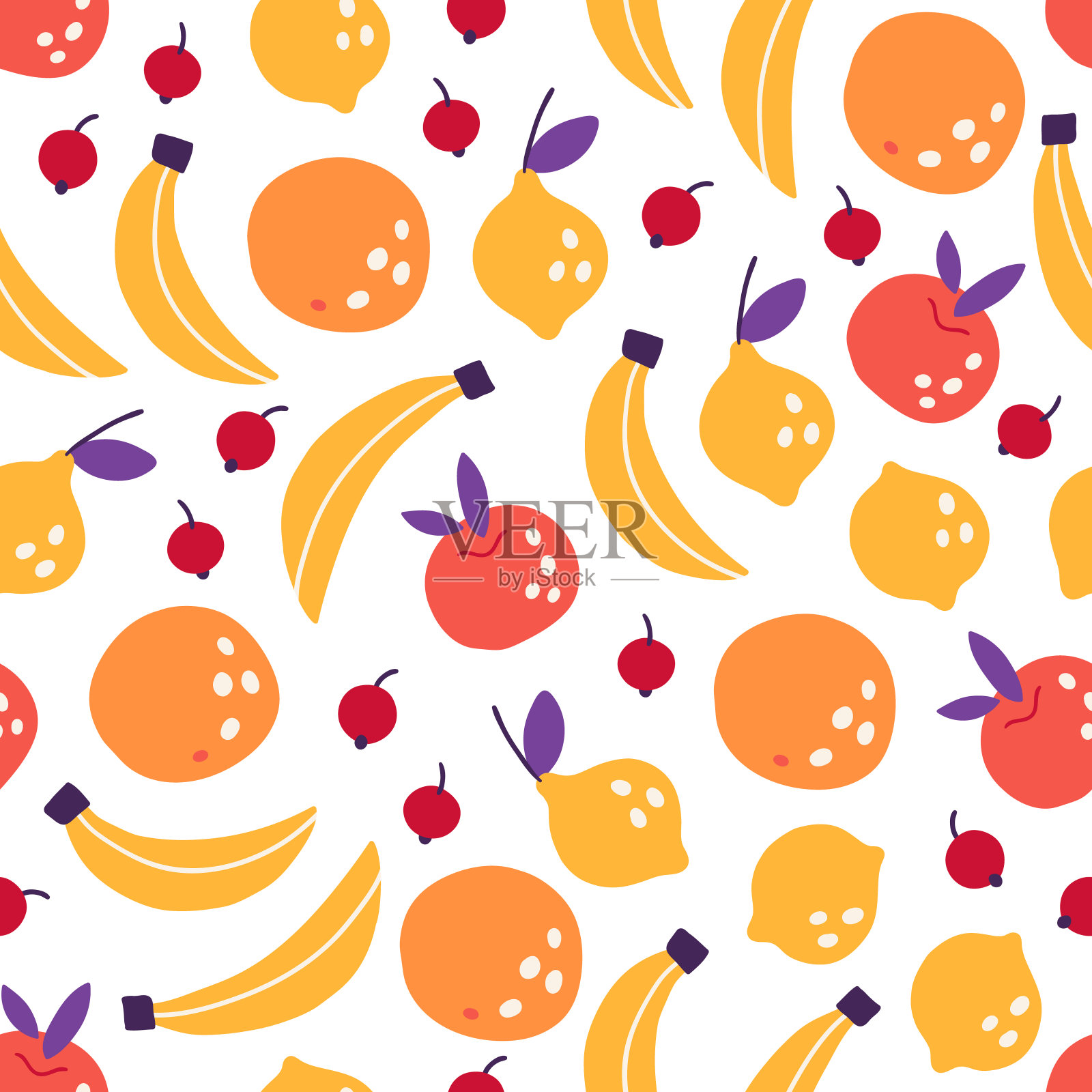 与红莓、香蕉、橙子、柠檬无缝搭配插画图片素材