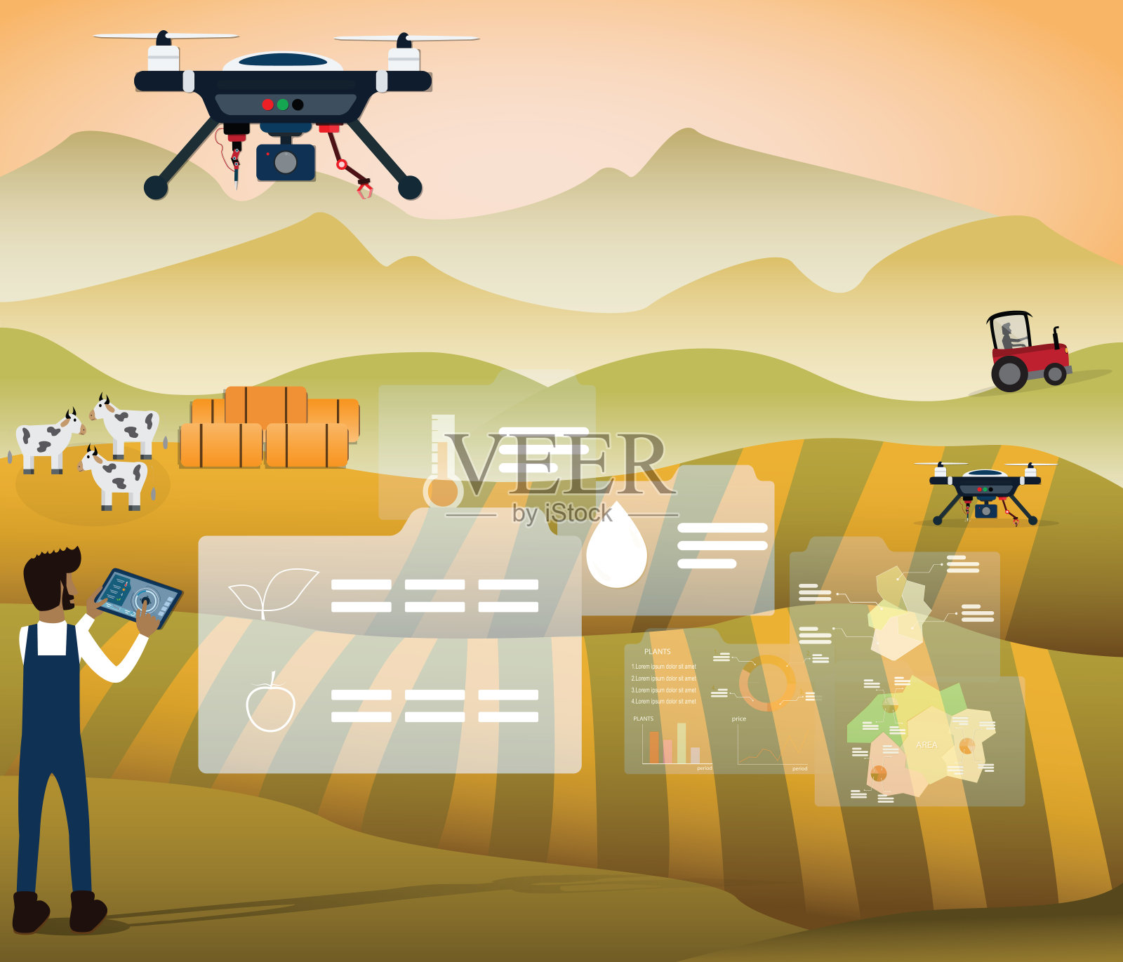 平面设计的智能农场概念，农民使用无人机分析gruond的质量前收获向量插画图片素材