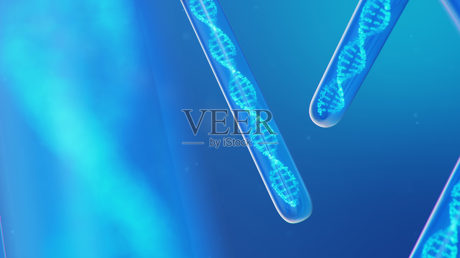 3D插图DNA分子，其结构。人类基因组的概念。修饰基因的DNA分子。dna分子在液体玻璃试管内的概念性插图。医疗设备。照片摄影图片