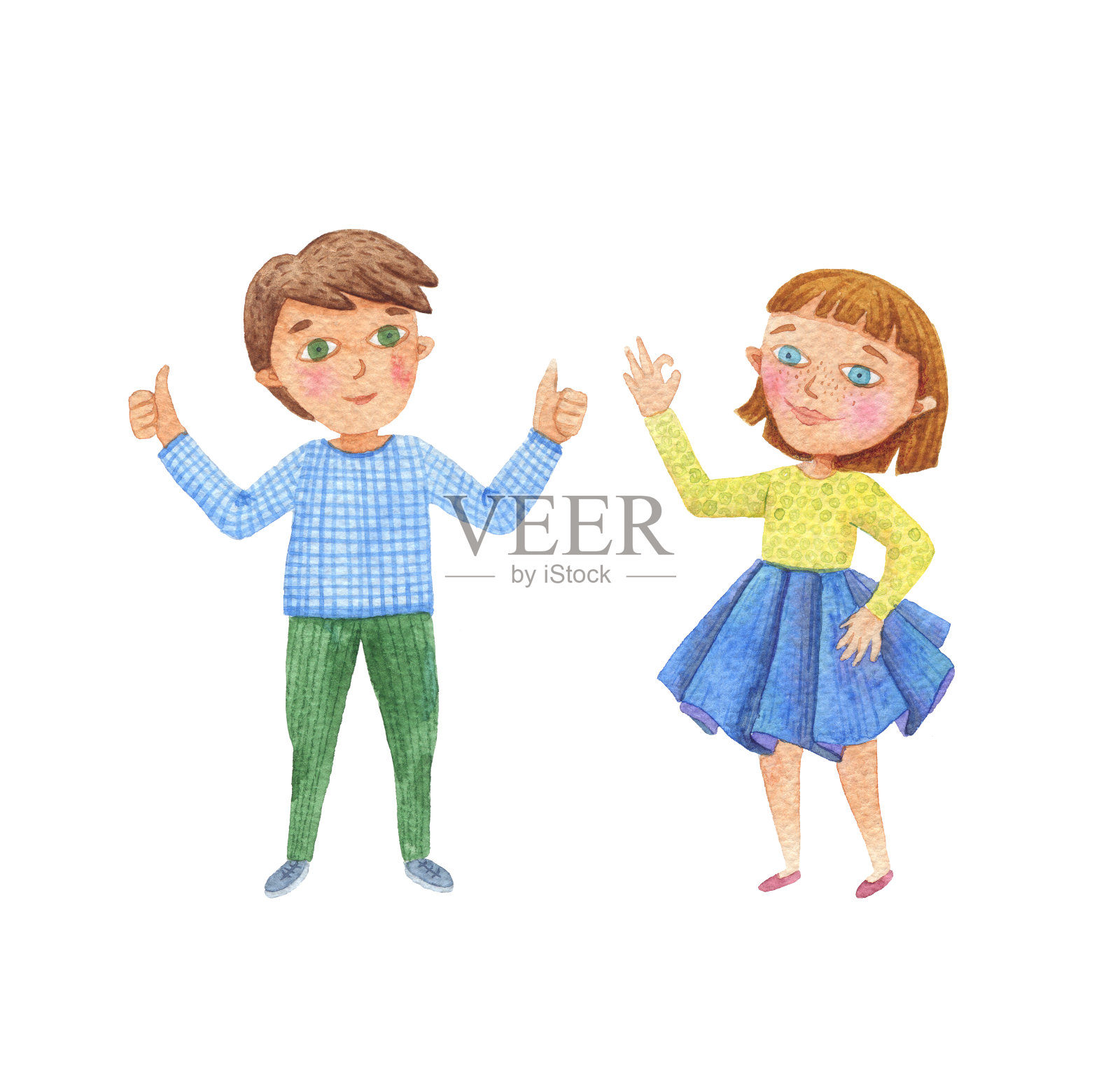 一个快乐的男孩和女孩的水彩画。女孩做了一个OK的手势。男孩竖起大拇指，做了一个超级手势。插画图片素材