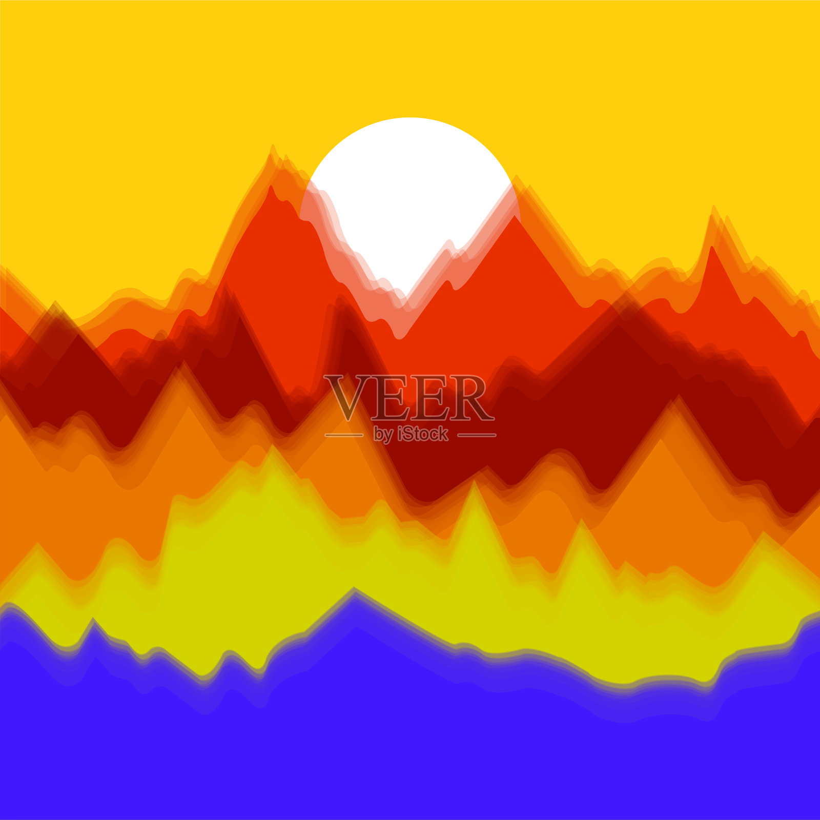 矢量彩色景观与剪影的山和太阳插画图片素材