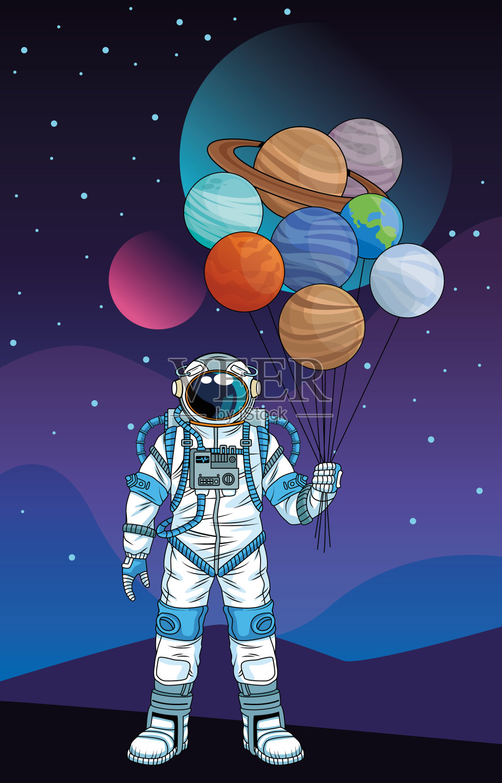 在太空中有行星的宇航员角色插画图片素材
