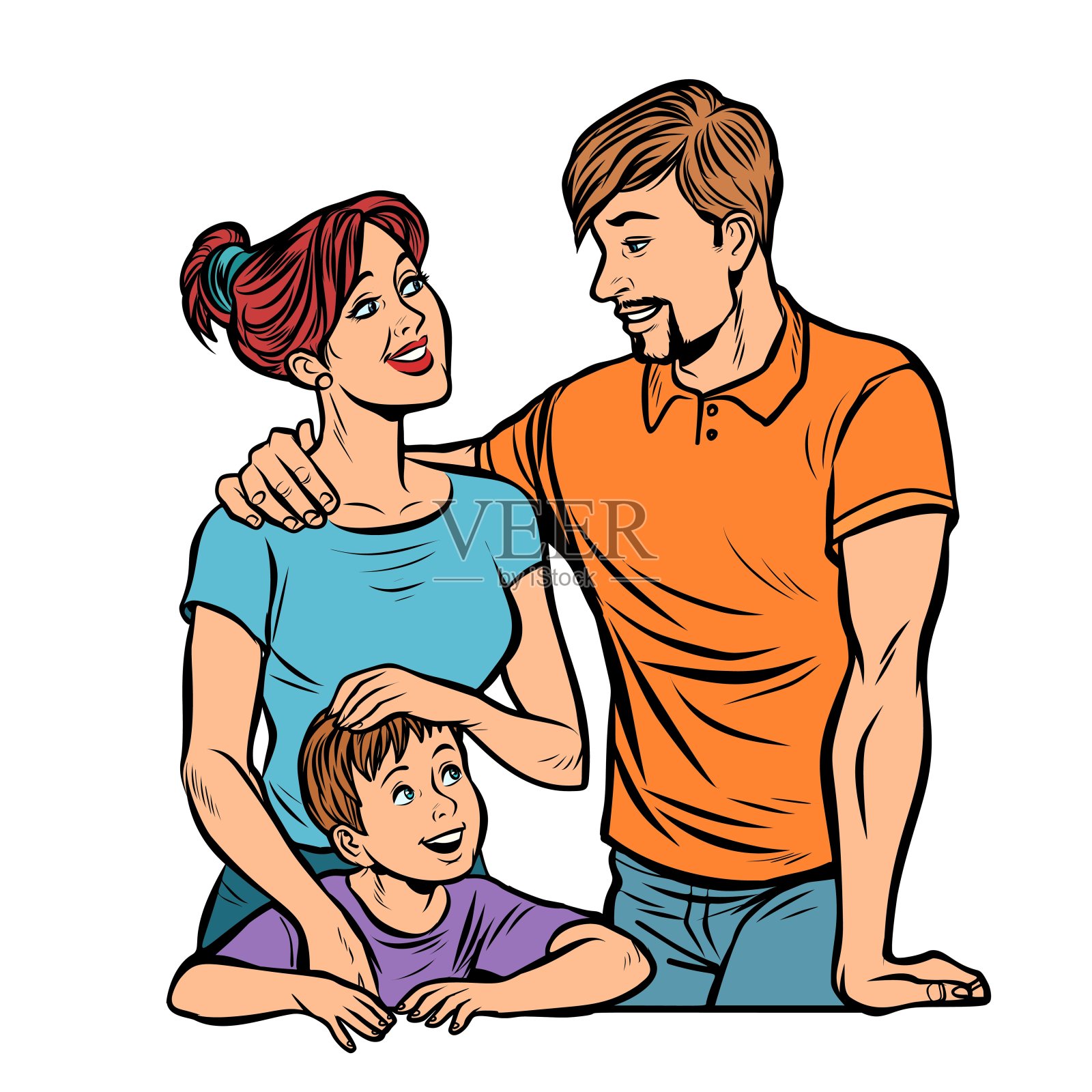 爸爸妈妈和儿子，一家人。丈夫和妻子有孩子插画图片素材