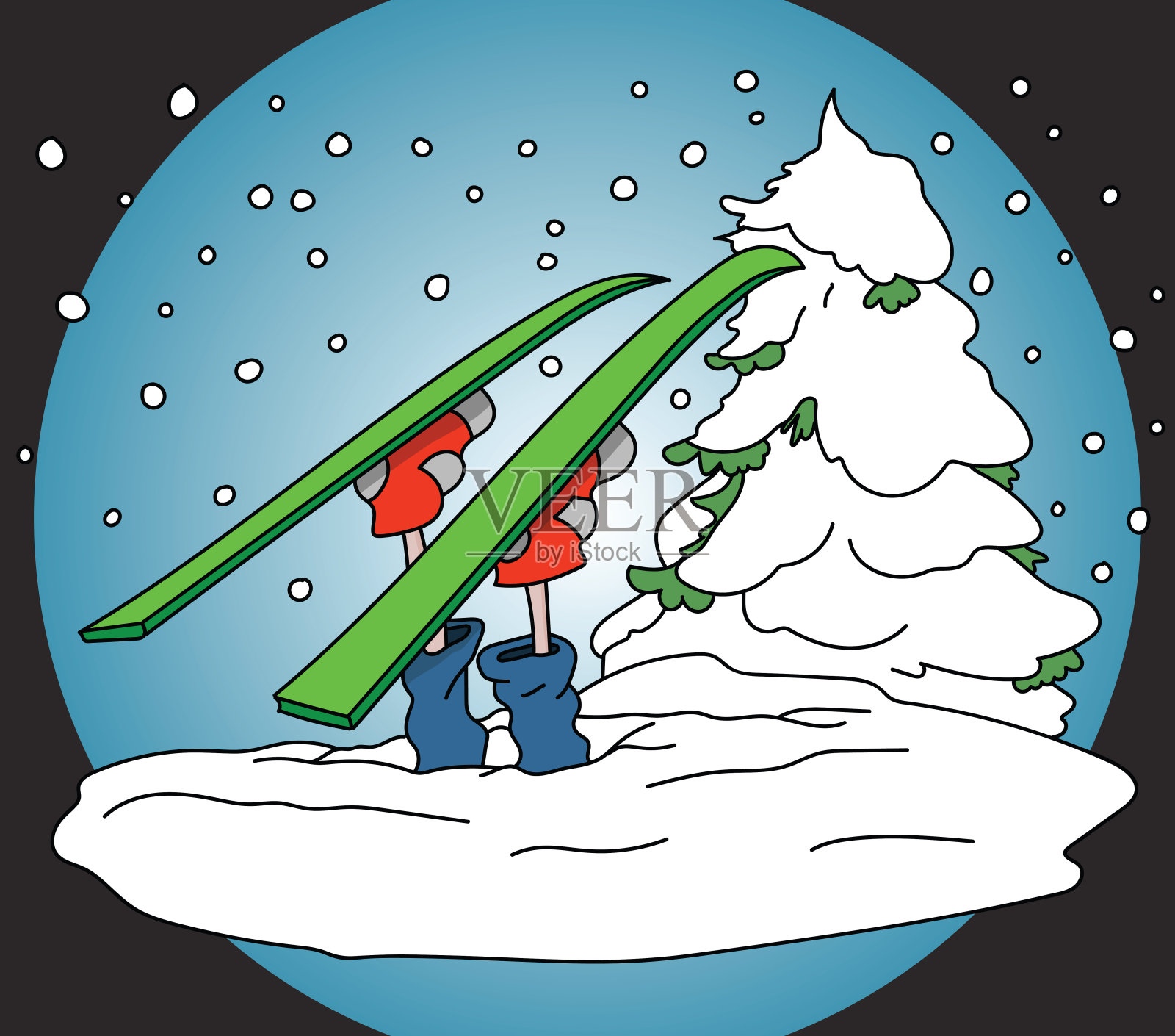 卡通人陷在雪中而滑雪矢量插图设计元素图片