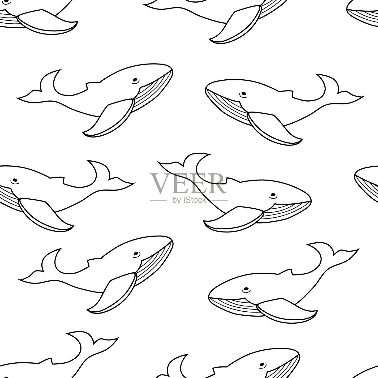 涂鸦蓝鲸图案设计。无缝模式与涂鸦鲸鱼。海洋动物的背景。设计元素图片