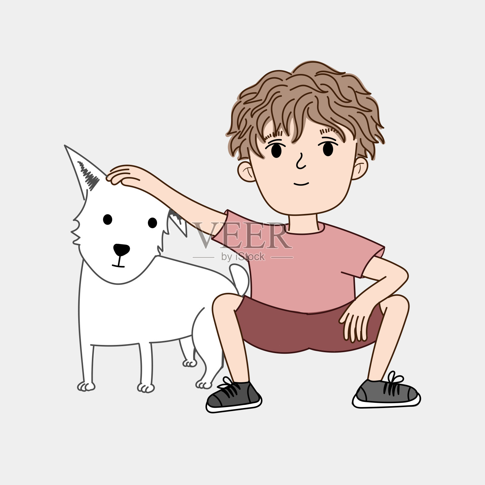 ฺ男孩和狗坐在户外。涂鸦艺术概念，插画插画图片素材