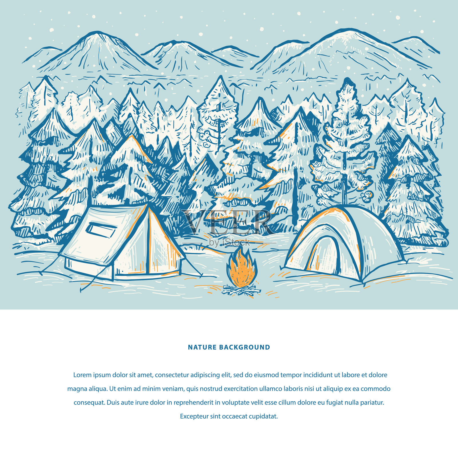自然模板帐篷，山，篝火，雪，松林和空间为您的文本。冬季旅游营地。素描色彩设计插画图片素材