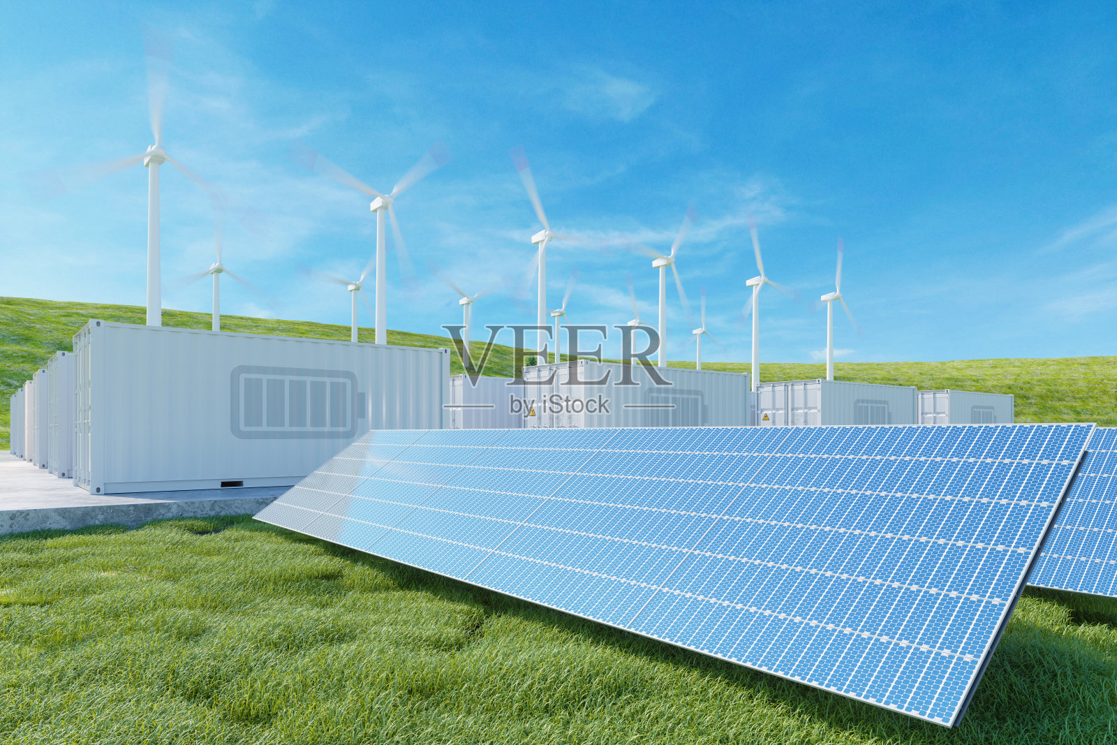 能量存储系统。太阳能电池板，风力涡轮机和锂离子电池容器照片摄影图片