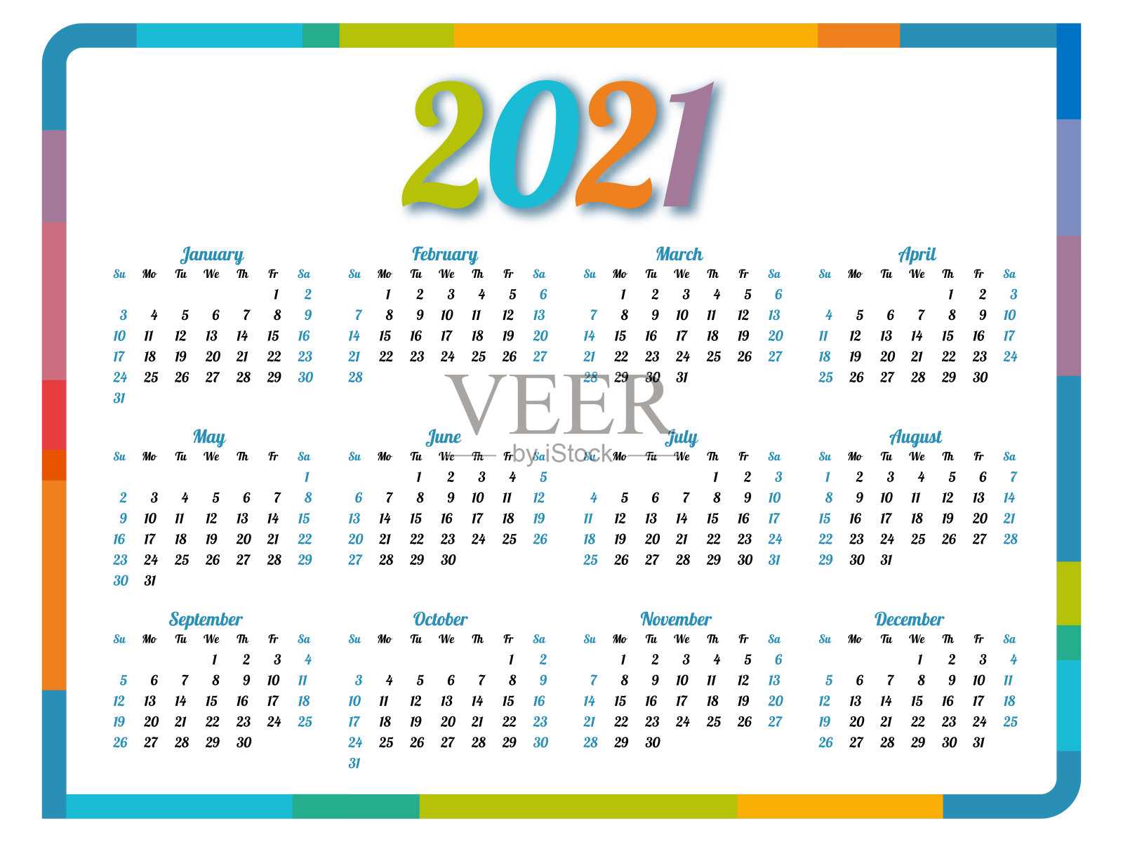 2021年日历。色彩斑斓的框架。矢量插图。2021年日历的设计。2021年。简单日历2021模板插画图片素材