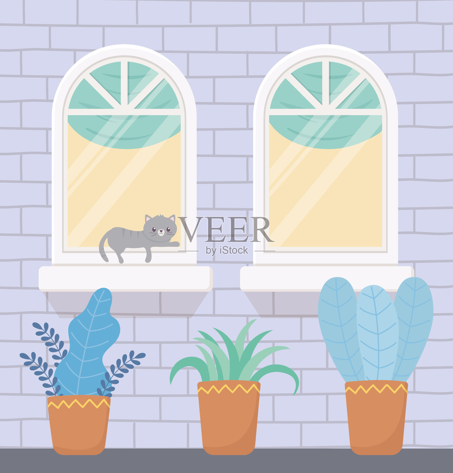 呆在家里，正面建筑，在窗户和盆栽植物猫插画图片素材
