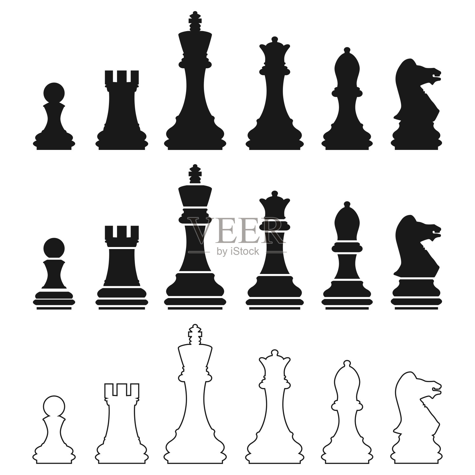 国际象棋。各种风格的棋子剪影。一个古老的逻辑游戏。矢量插图孤立在白色背景上设计和网页。插画图片素材