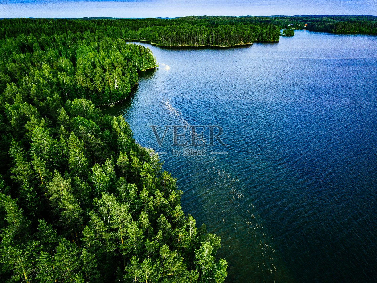 鸟瞰图蓝色的湖和绿色的森林在芬兰。照片摄影图片