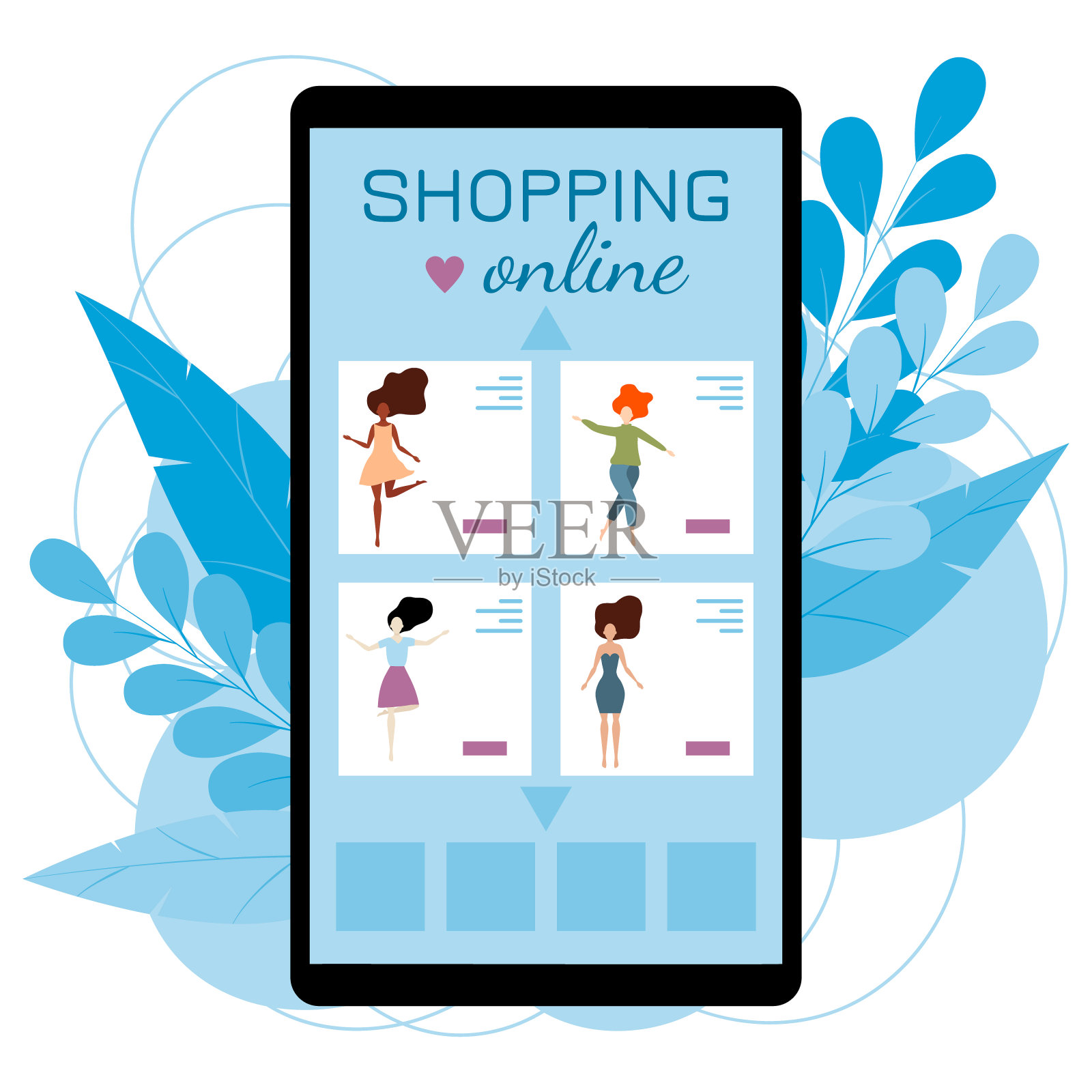 网上购物的经营理念。在智能手机的展示包含产品清单，寻找新衣服。矢量插图孤立在白色上。插画图片素材