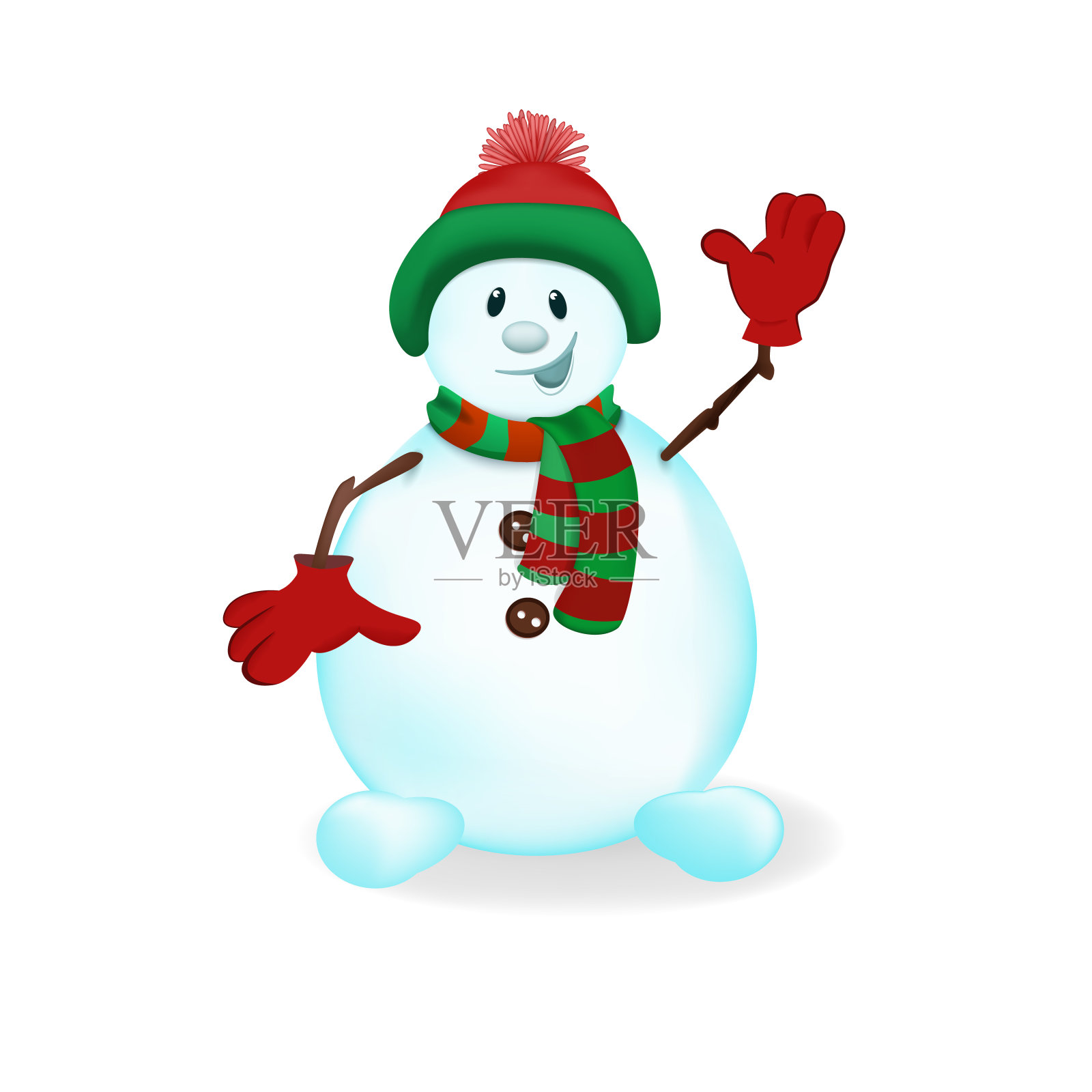 快乐的雪人举起他的手，问候和祝贺。传统色彩的圣诞故事。矢量插图卡通风格。孤立在白色背景上。设计元素图片