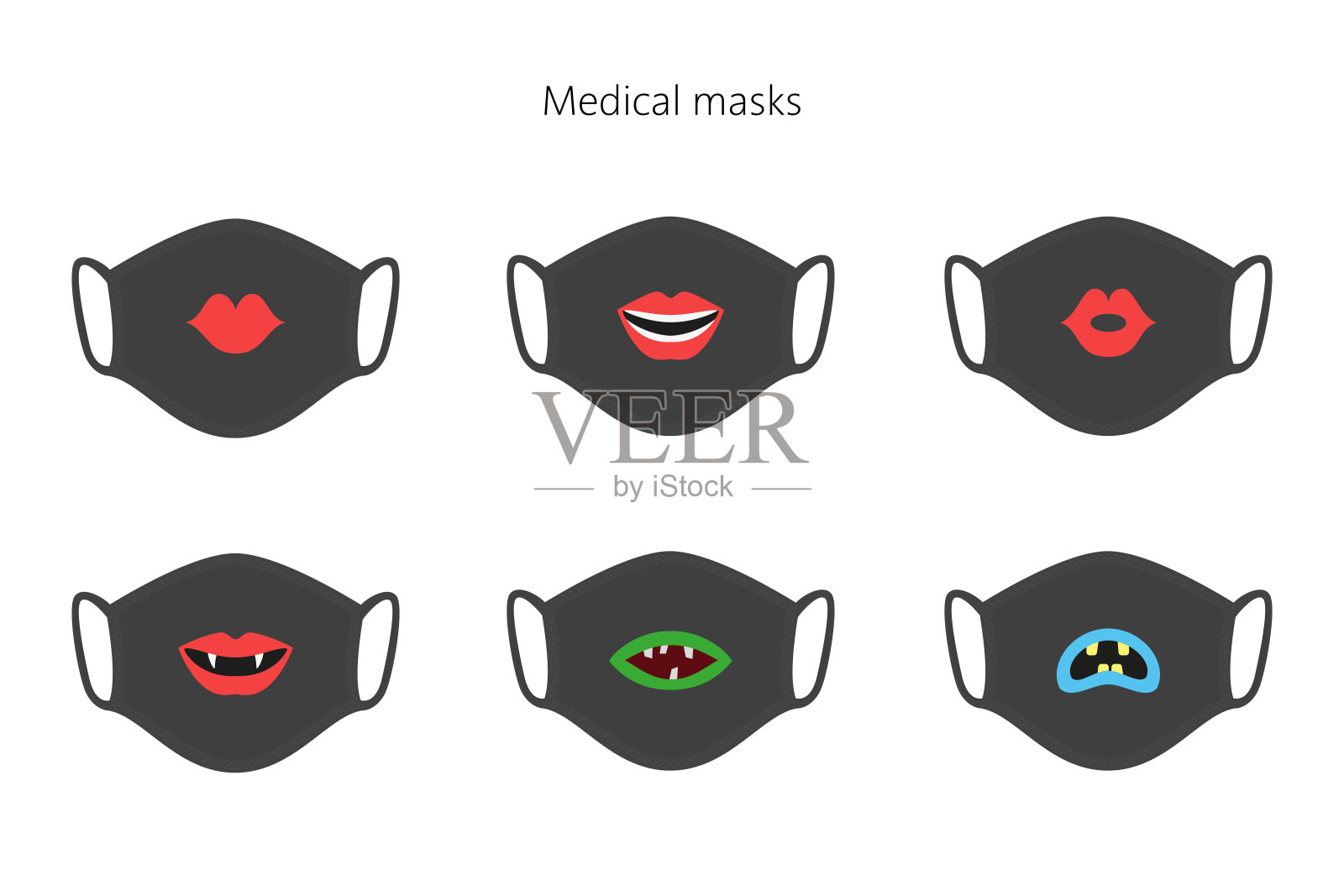 带有不同嘴唇的医用口罩。插画图片素材