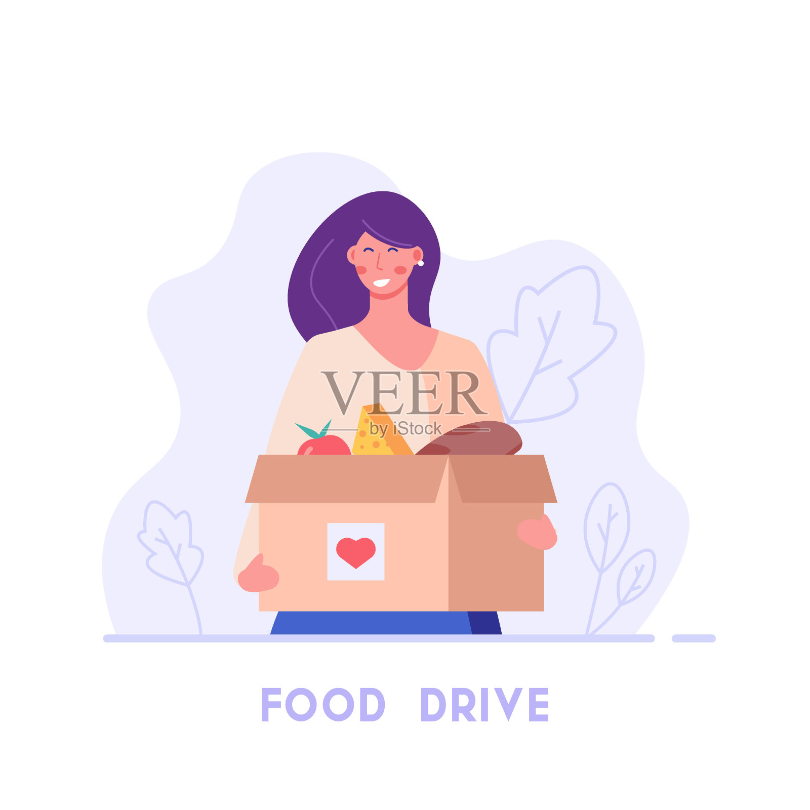 快乐的女人手里拿着食物盒。食物捐赠。帮助的概念，社会关怀，志愿服务，支持穷人。卡通平面矢量插图的网站横幅设计元素图片