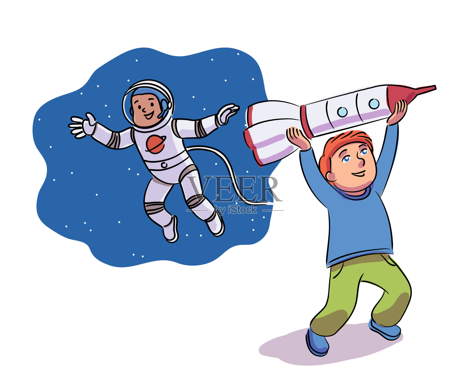 快乐的男孩玩着，梦想着成为宇航员。微笑可爱，滑稽的孩子抱着玩具火箭。泡泡中的宇宙飞船。矢量插图。设计元素图片