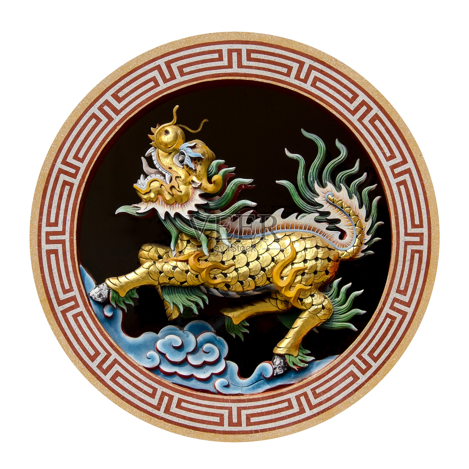 中国传说中的动物在圆形图案孤立在白色的背景照片摄影图片