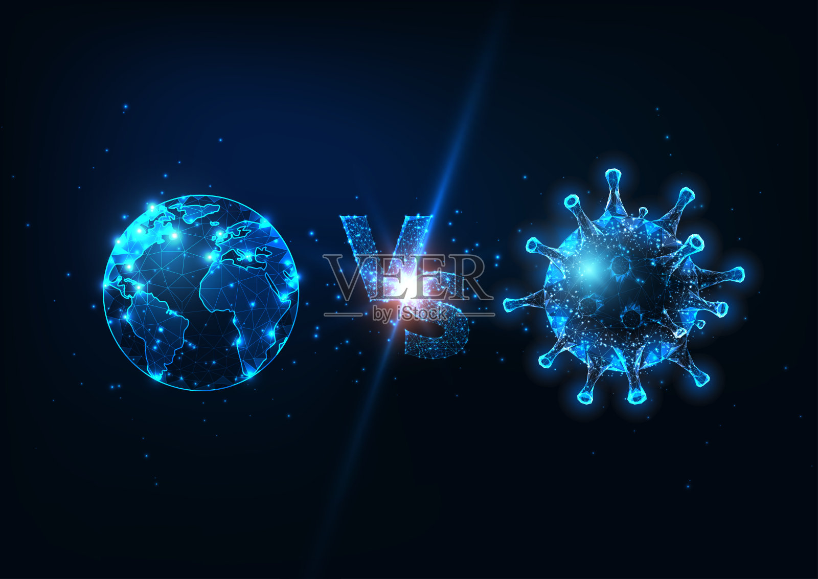 未来星球地球Vs冠状病毒战斗概念与发光的低聚地球和病毒细胞。插画图片素材