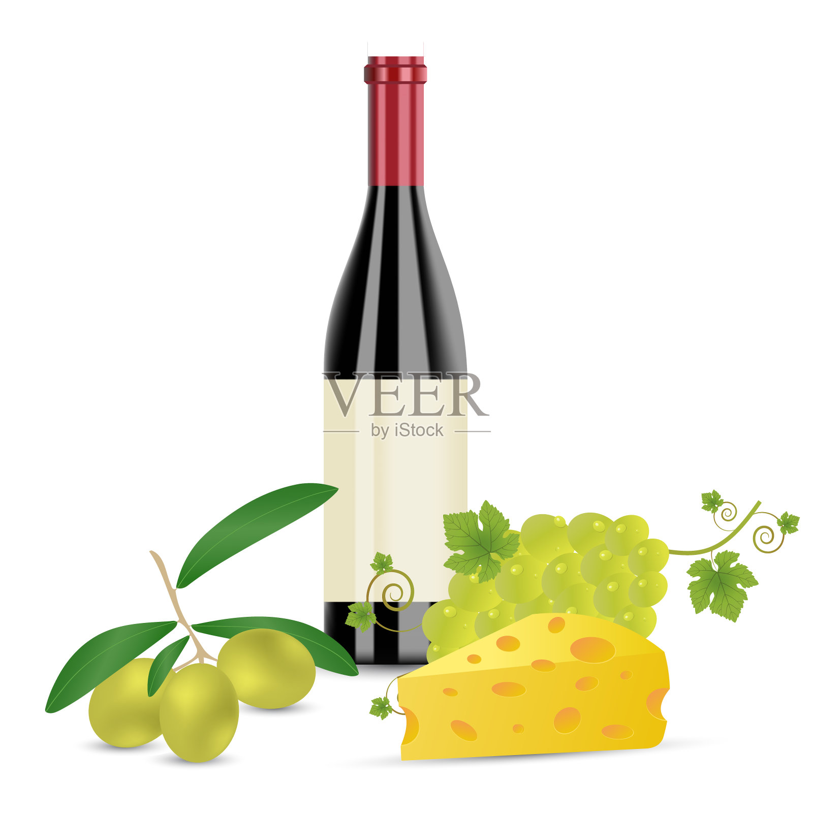 矢量组成的红酒，奶酪，橄榄和葡萄在一个白色孤立的背景。现实平衡的静物画设计元素图片
