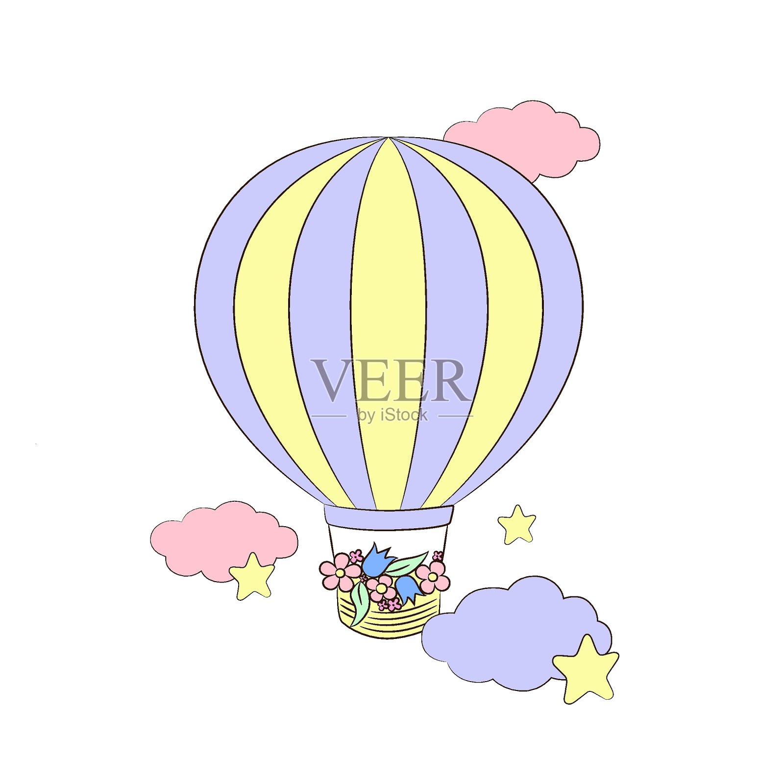 可爱的热气球。云和恒星。魔术梦矢量插图。设计元素图片