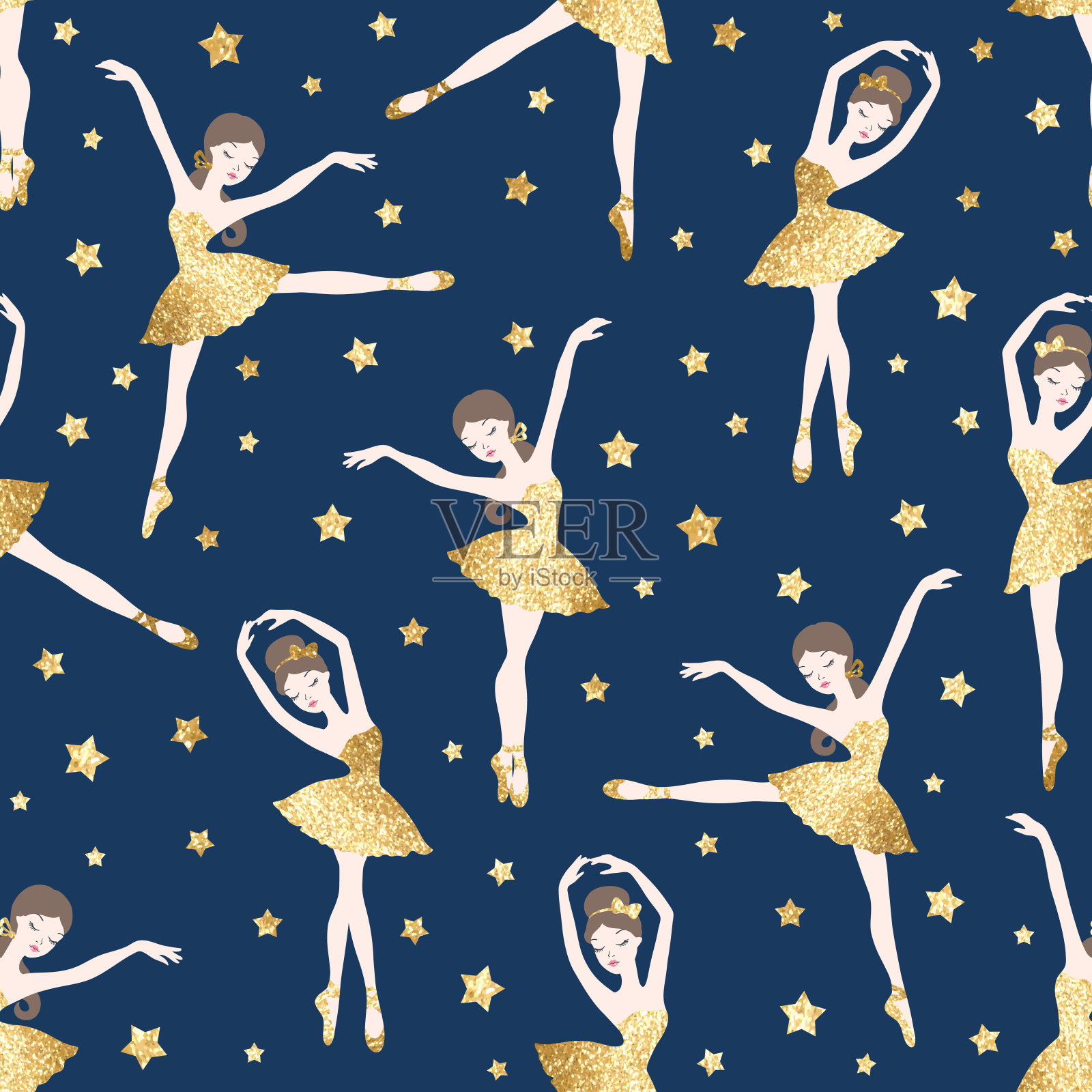 芭蕾舞无缝模式与可爱的芭蕾舞者在金色闪光的芭蕾舞裙和星星在蓝色的背景插画图片素材