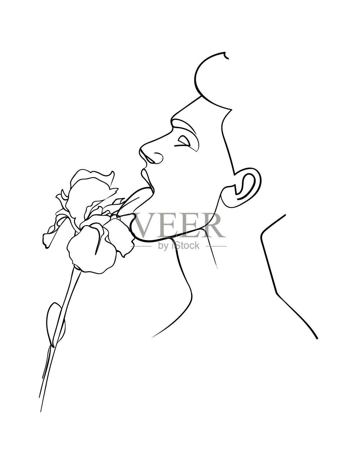画线。男人的舌头舔着一朵鸢尾花。——矢量图插画图片素材
