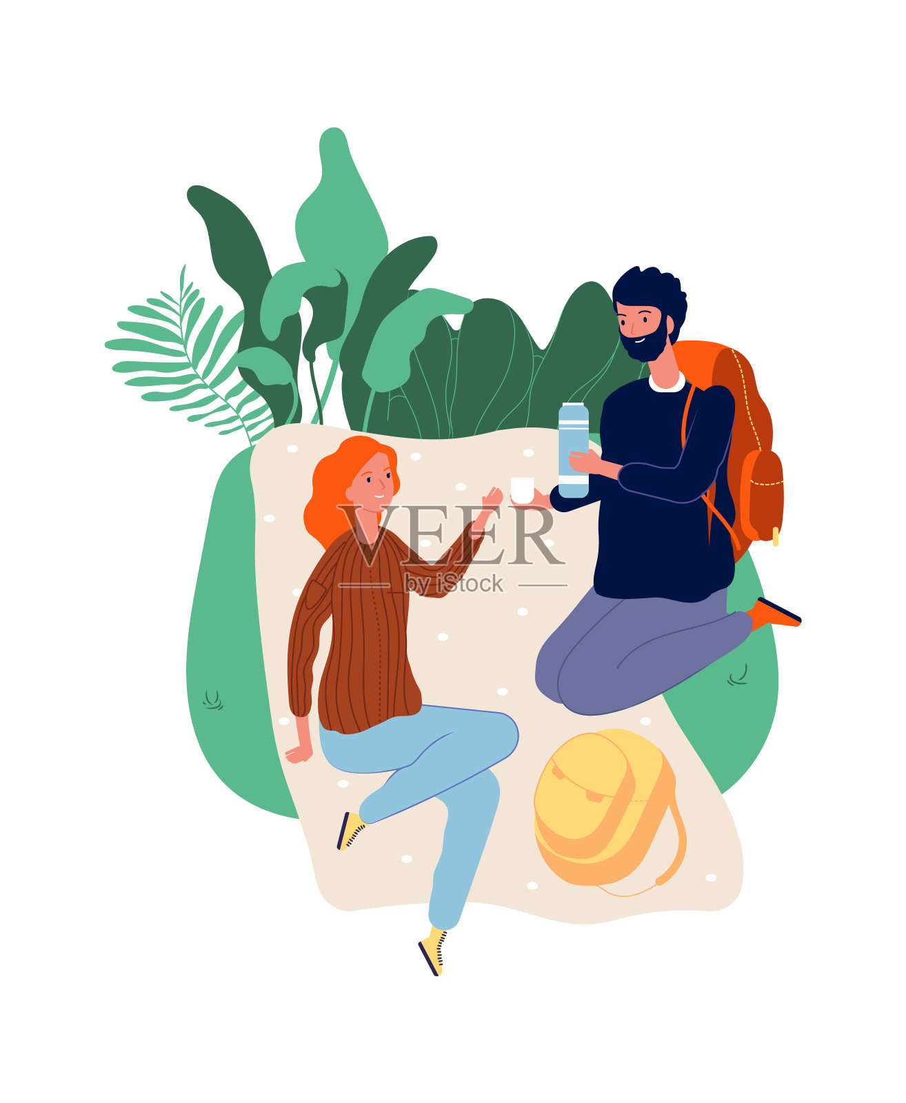 游客在停止。男人女人在野餐。男人背背包，女人喝酒。徒步旅行，假期时间矢量插图设计元素图片