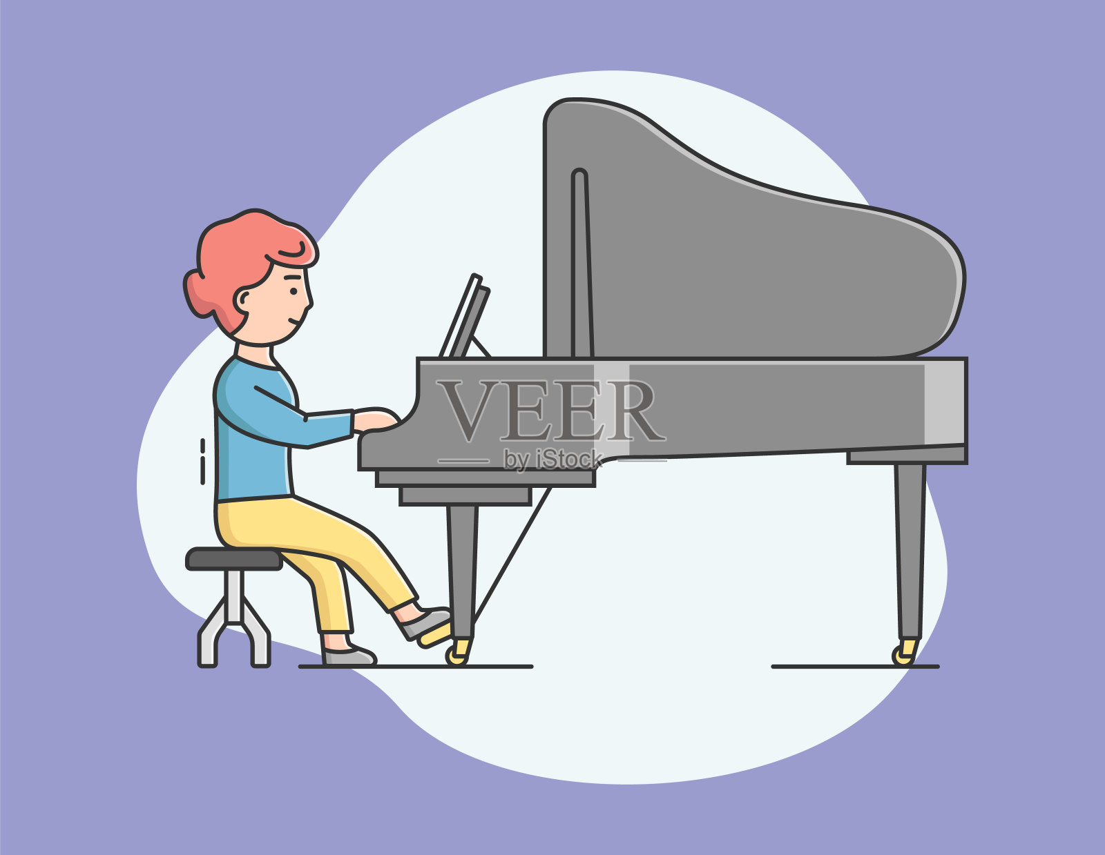 演奏乐器的概念。天才女子在音乐会上弹奏钢琴。钢琴家在大钢琴上演奏音乐作曲。女孩享受她的爱好。卡通线性轮廓平面矢量插图设计元素图片
