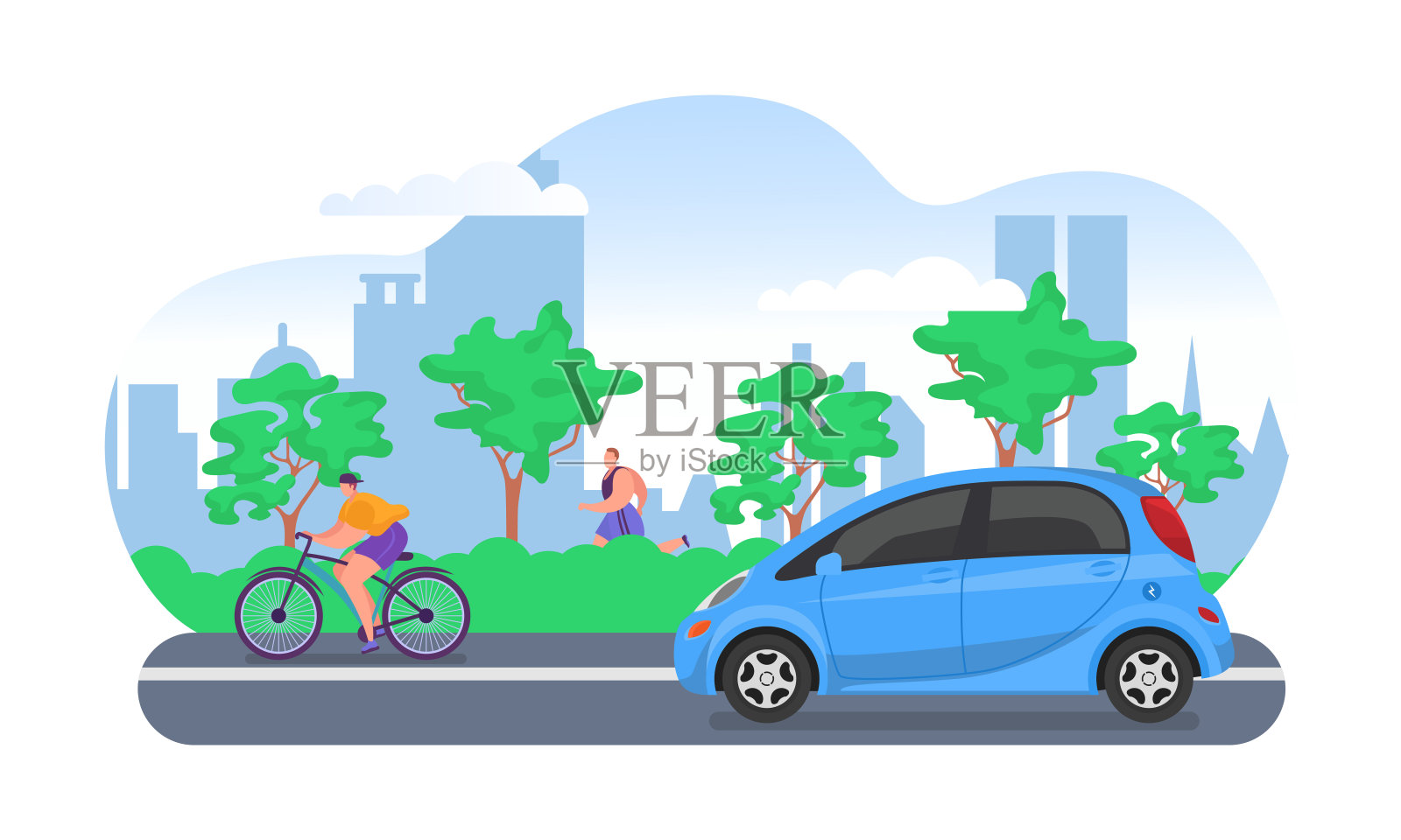 电动汽车在城市道路上，矢量图。有环保交通工具、电动汽车和自行车的街道。现代科技插画图片素材