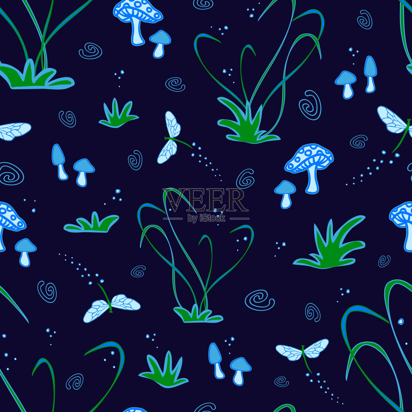 无缝矢量模式与蜻蜓和蘑菇在蓝色的背景。生物发光魔法森林壁纸设计。插画图片素材