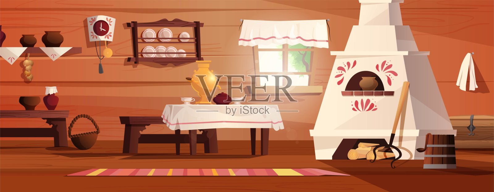 俄罗斯小屋的内部是空的。古老的俄罗斯厨房，炉子，锅，长凳，地毯，扫帚，手柄，窗户与窗帘，地毯，茶炊，桌布。向量卡通插图。插画图片素材