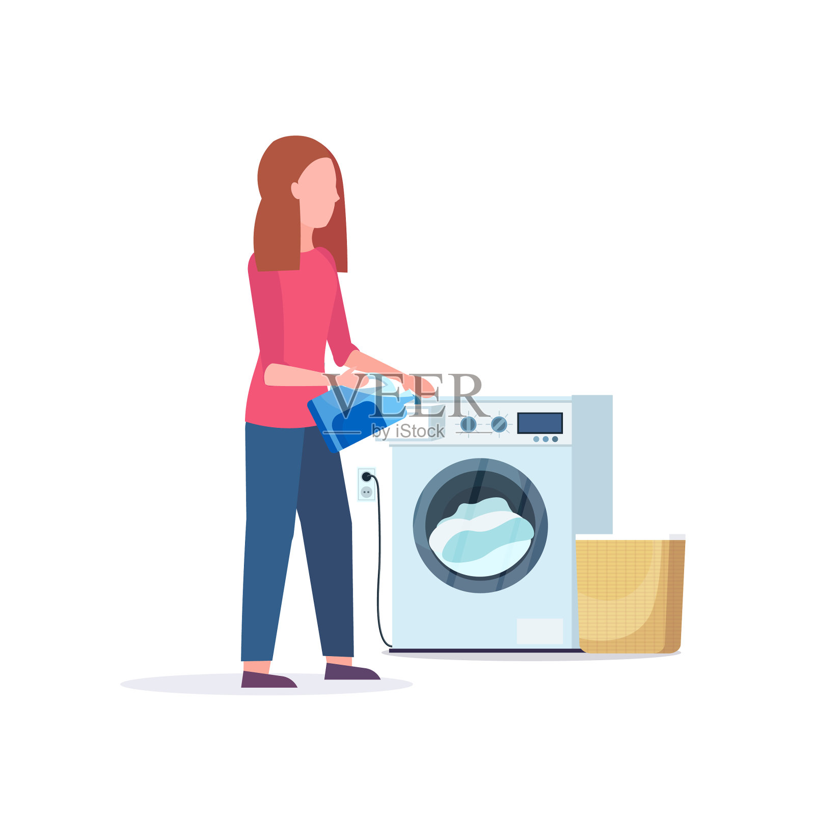 将粉状凝胶倒入洗衣机的妇女设计元素图片