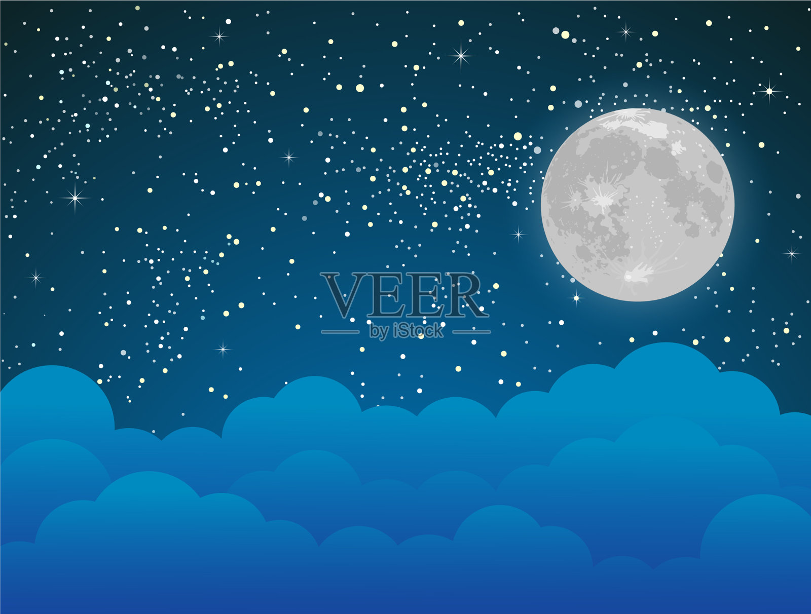繁星点点的天空，蔚蓝的云彩，月亮闪烁着星星插画图片素材