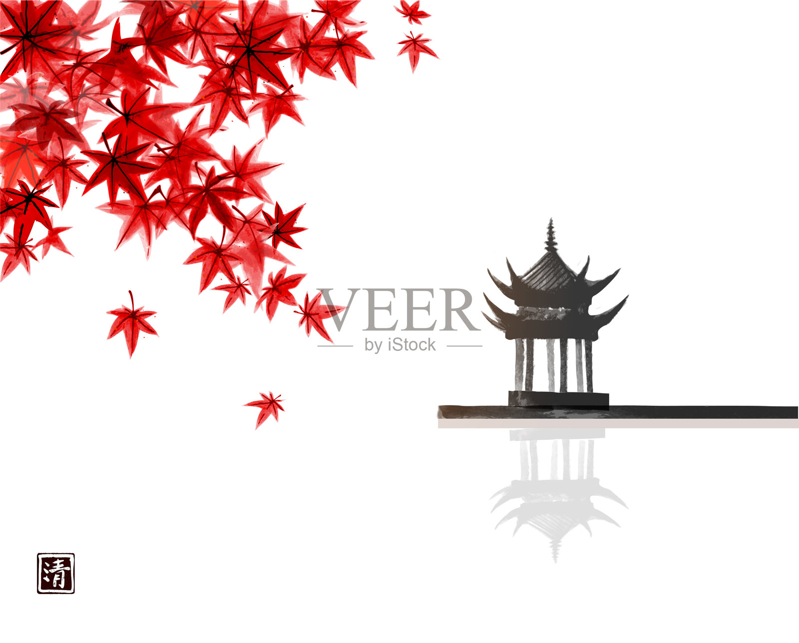 红色的日本枫叶和宝塔寺庙插画图片素材