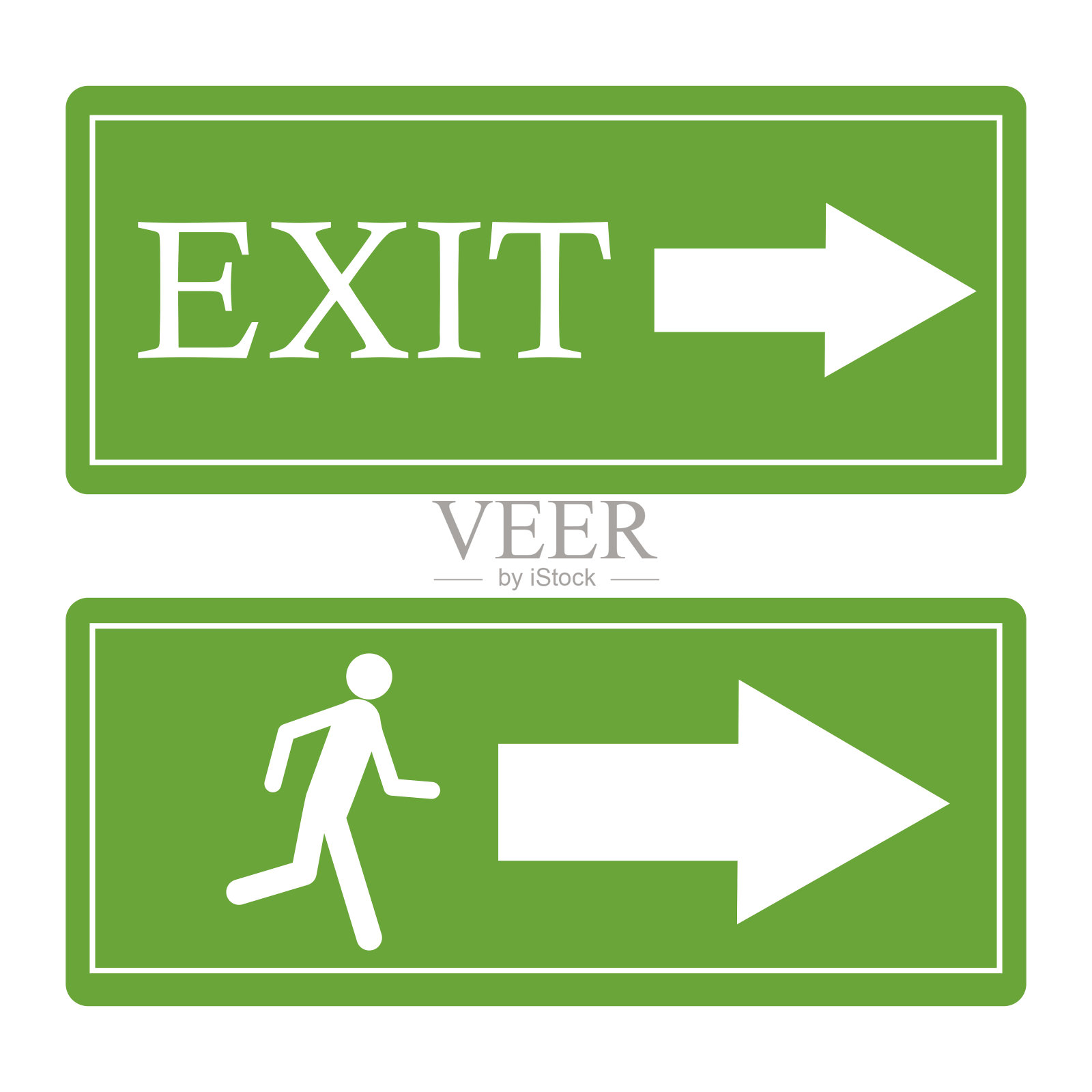 两个绿色盘子。一个上面写着白色的“出口”，另一个上面画着一个跑步的人。独特的，充满活力的迹象表明退出。矢量插图。库存图片设计元素图片