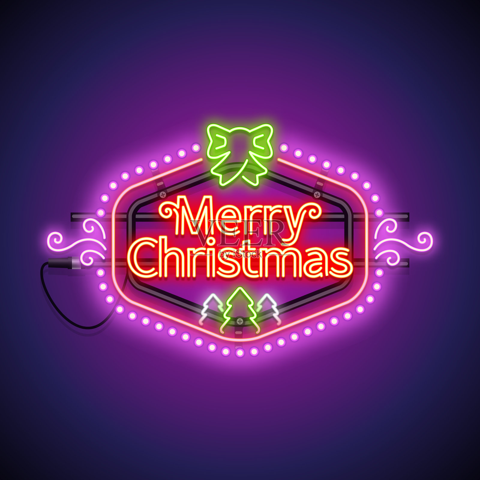 圣诞快乐，霓虹标志紫罗兰设计元素图片