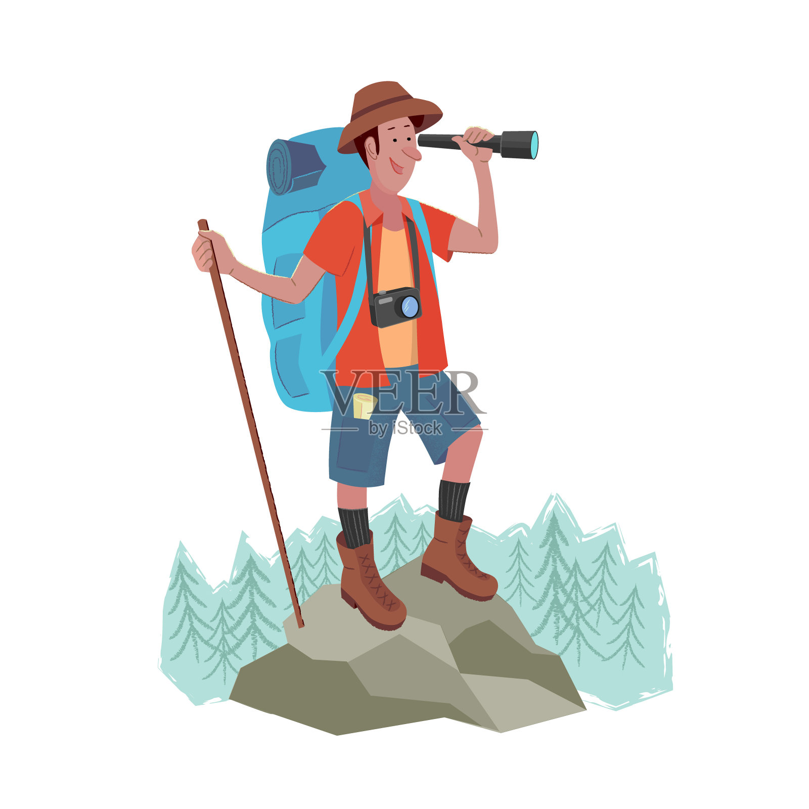 一个背着大背包的快乐的旅行者插画图片素材