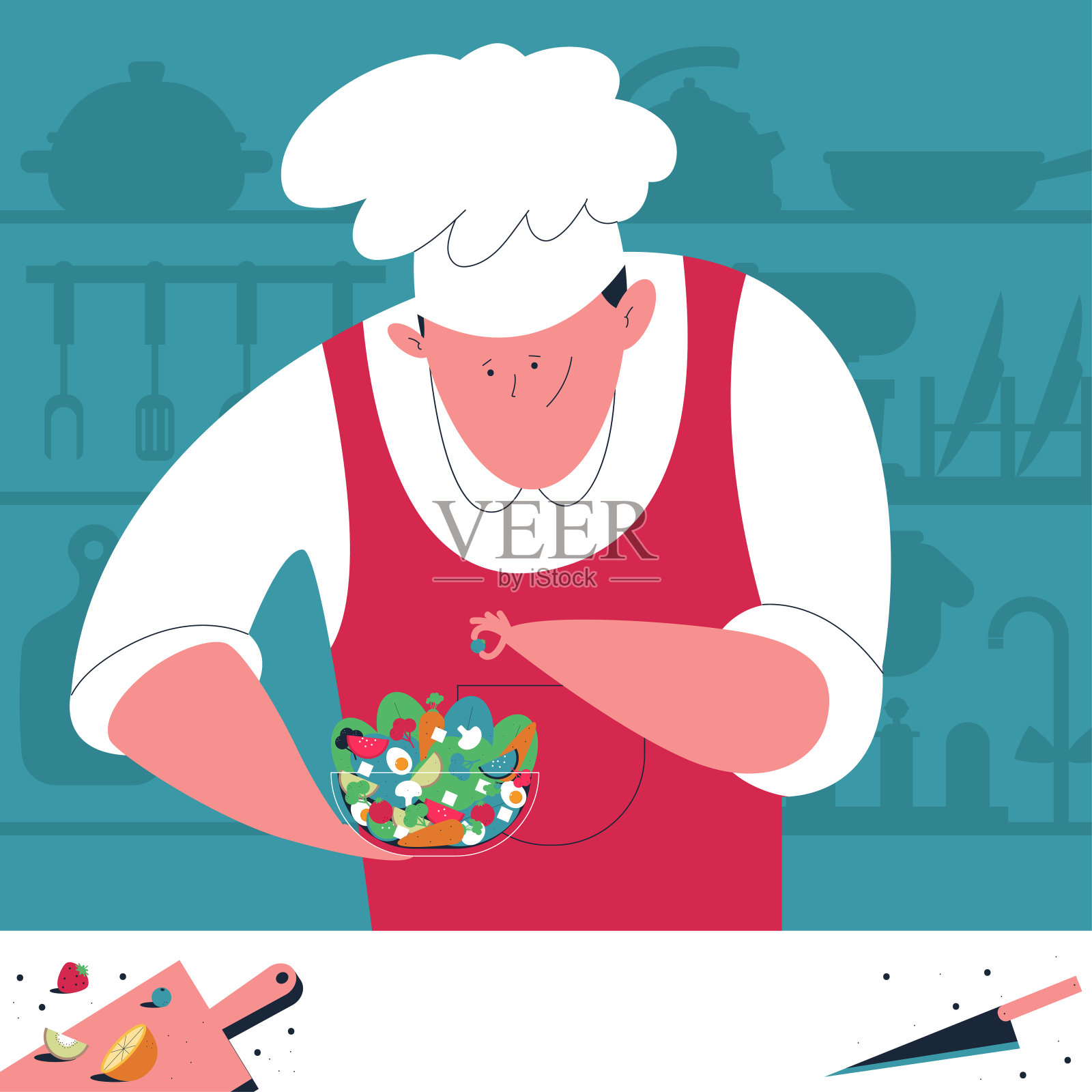 厨师烹饪矢量卡通概念插图与男人在制服和沙拉。插画图片素材