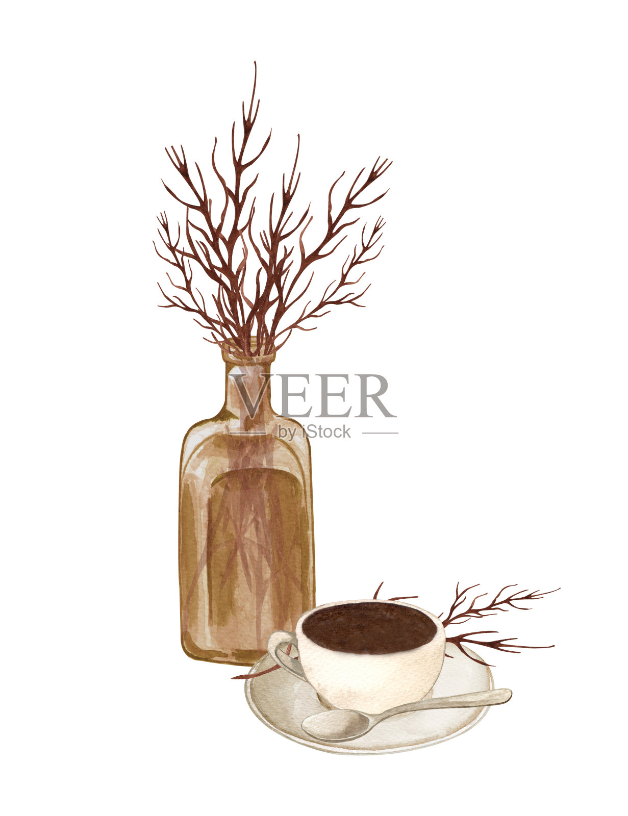 几根干树枝插在玻璃花瓶里，一杯咖啡。水彩插图的早晨咖啡孤立在白色的背景。插画图片素材