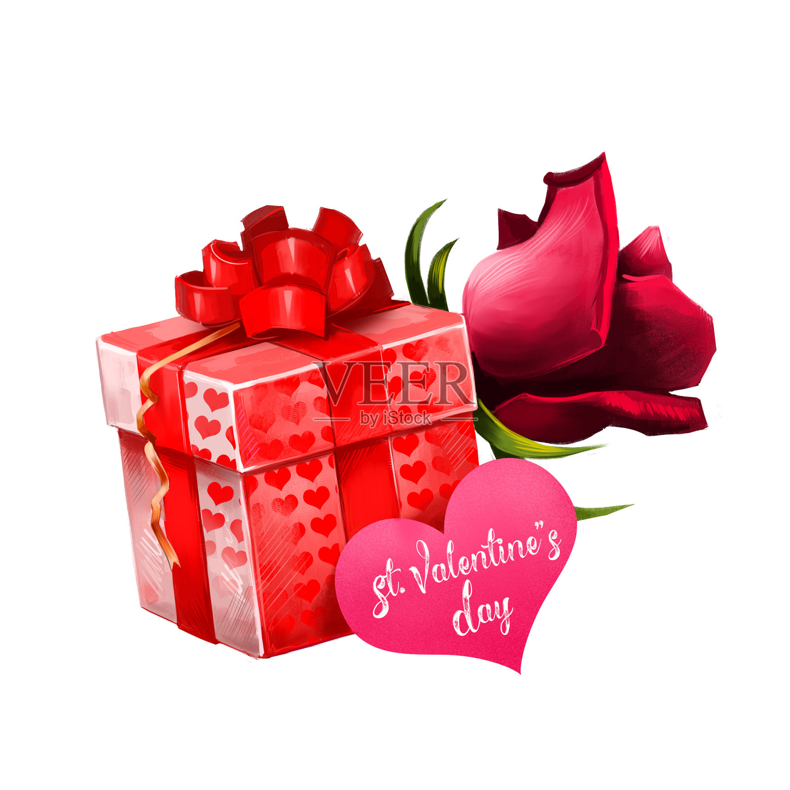 有鲜花和礼品卡的盒子。红色的心形礼物与大蝴蝶结和豪华的玫瑰附近。情人节贺卡。数字艺术水彩插画插画图片素材
