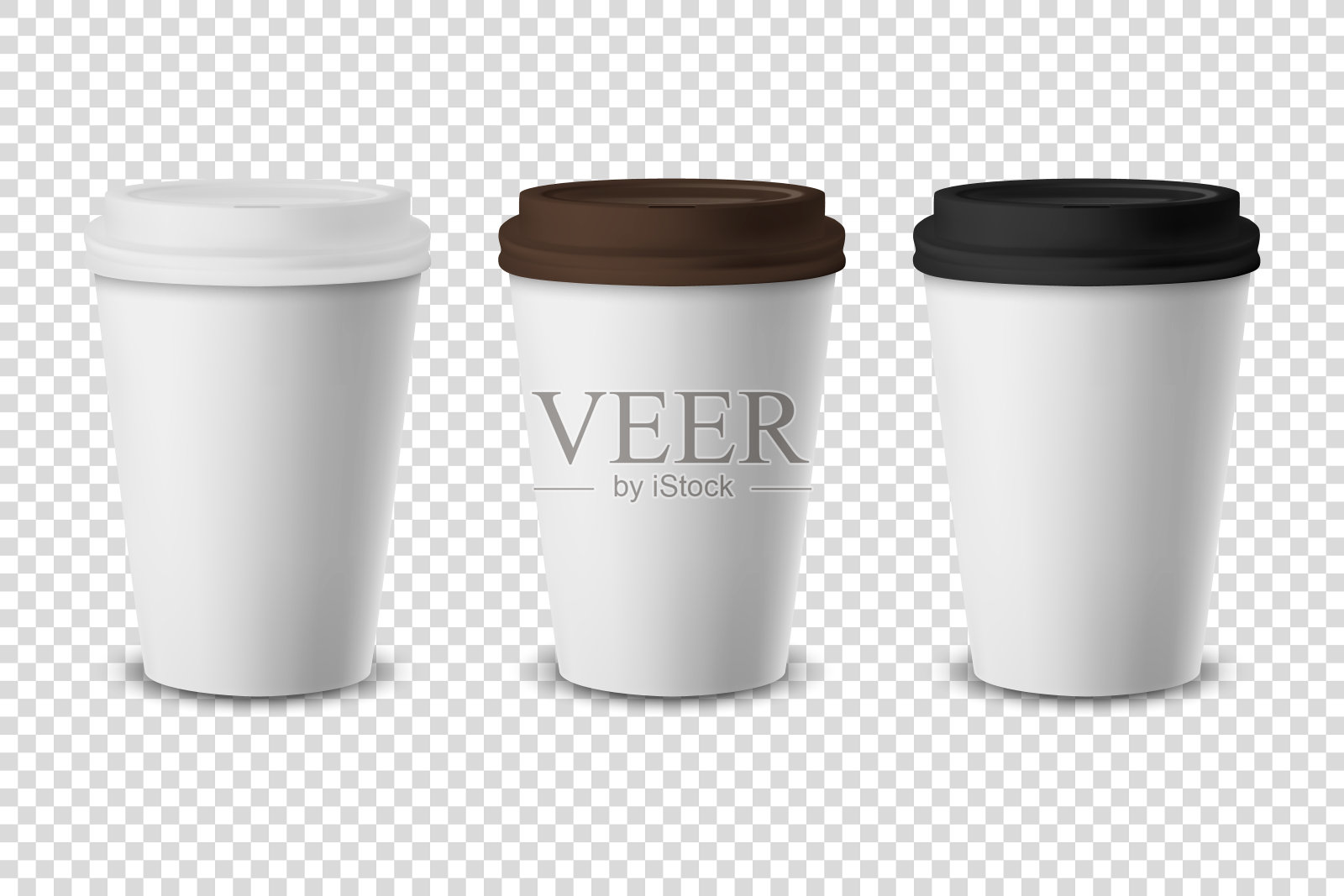 矢量3d现实一次性关闭纸，塑料咖啡杯的饮料与白色，棕色和黑色的盖子设置特写孤立在透明的背景。设计模板模型。前视图设计元素图片